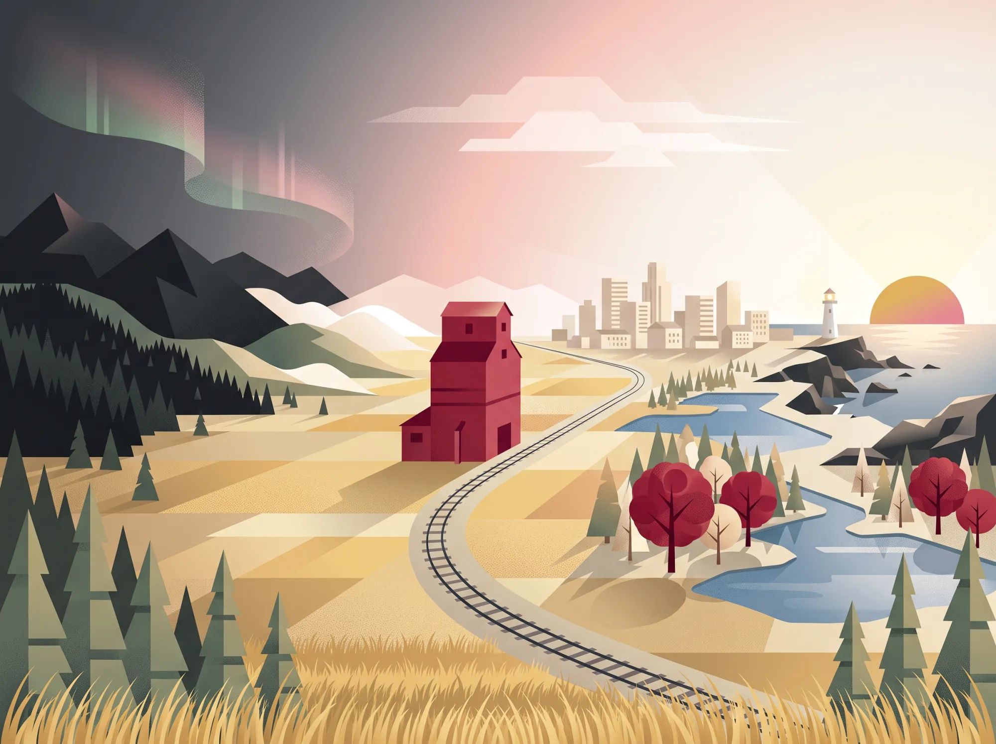 Illustration of a Canadian landscape running from northern lights and mountains past a prairie grain elevator to a coastal city and lighthouse