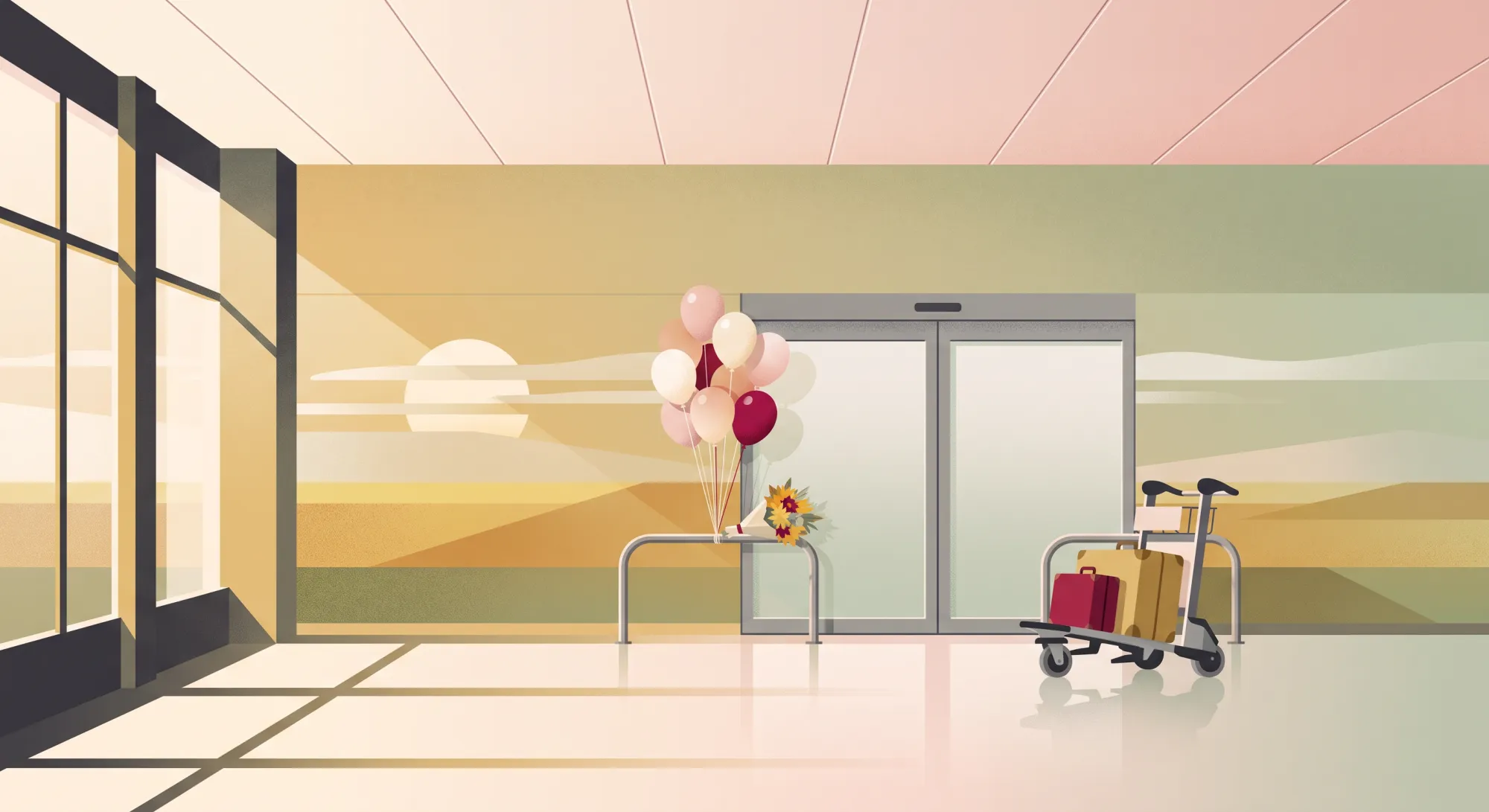 Illustration of an airport arrivals hall with balloons and flowers by the doors and a luggage cart