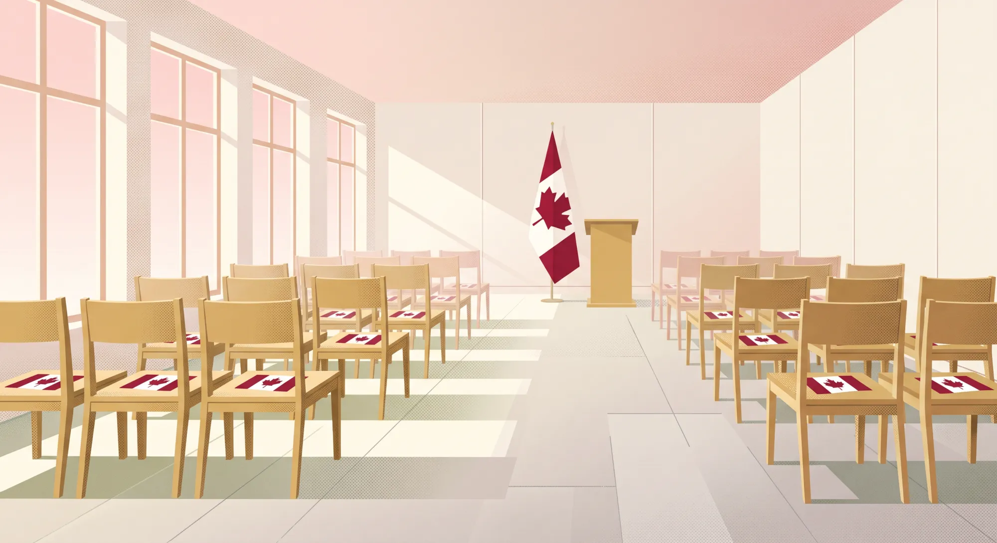 Illustration of a citizenship ceremony room with rows of chairs, each holding a small Canadian flag, facing a podium and flag