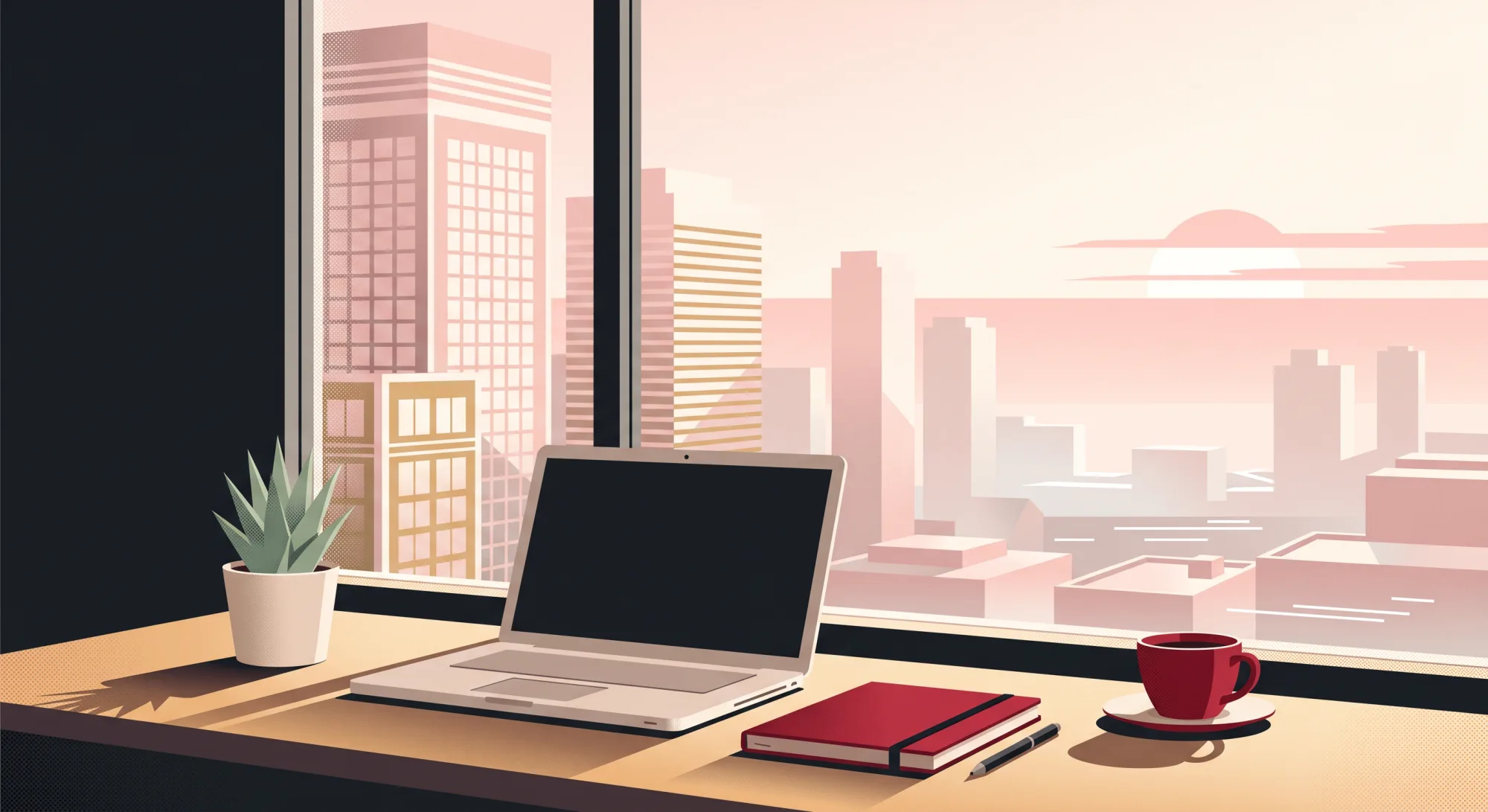 Illustration of a laptop, red notebook, coffee cup and plant on a desk by a window onto a city at sunset